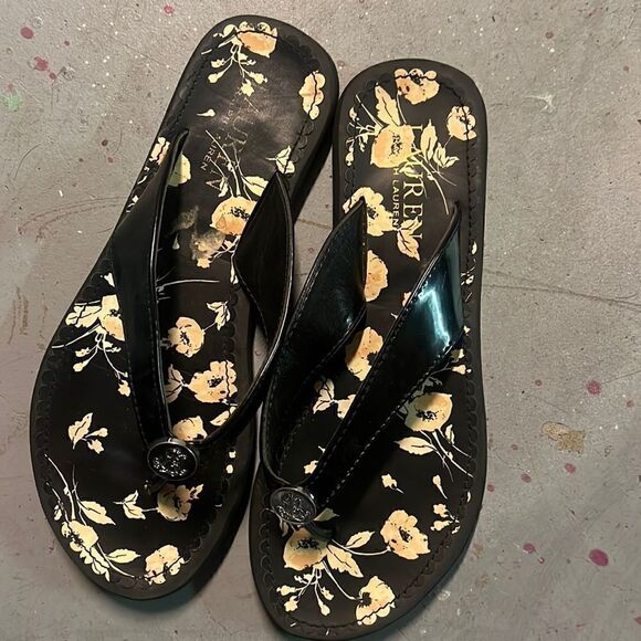 Floral Size 5 Ralph Lauren Black + Yellow Flip Flop Sandals - Picture 2 of 3